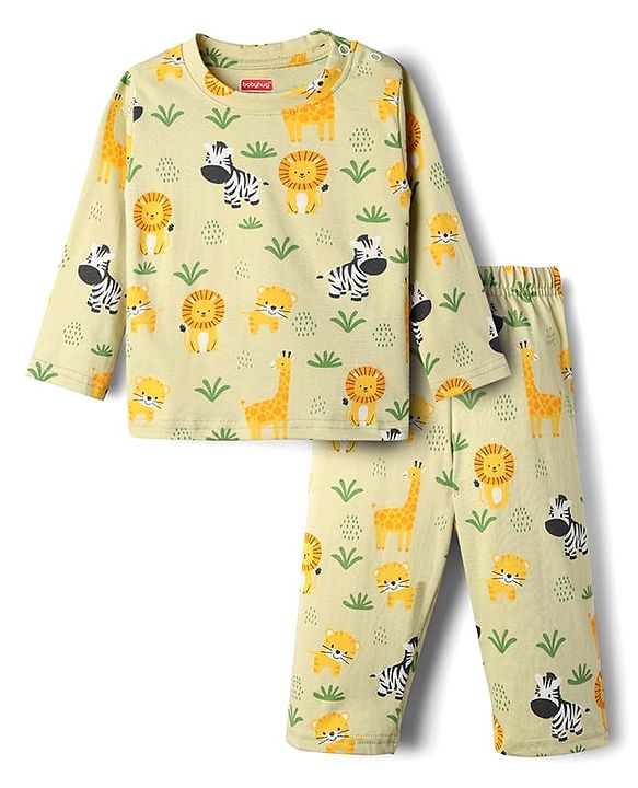 Babyhug Cotton Knit Full Sleeves Co-Ords Night Suit With Animal Print - Olive Green