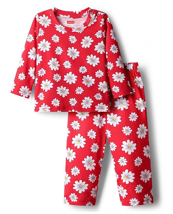 Babyhug Cotton Knit Full Sleeves Co-ords Night Suit with Floral Print - Red