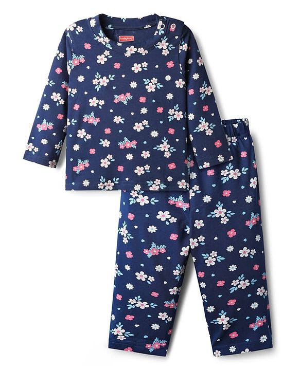 Babyhug Cotton Knit Full Sleeves Co-ords Night Suit With Floral Print - Navy Blue