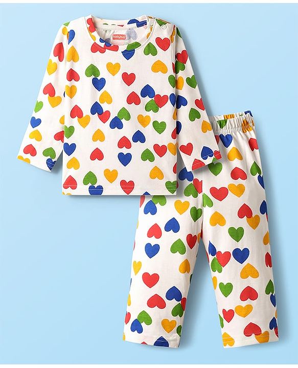 Babyhug Cotton Knit Full Sleeves Co-ords Night Suit with Heart Print - White