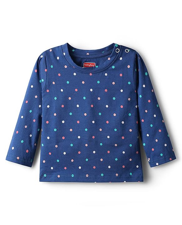 Babyhug Cotton Knit Full Sleeves Co-ords Night Suit with Polka Dot Print - Navy Blue