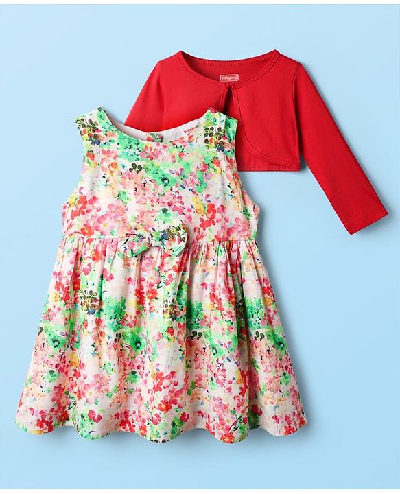 Babyhug Cotton Woven Full Sleeves Floral Printed Frock With Shrug & Bow Applique - Multi Colour