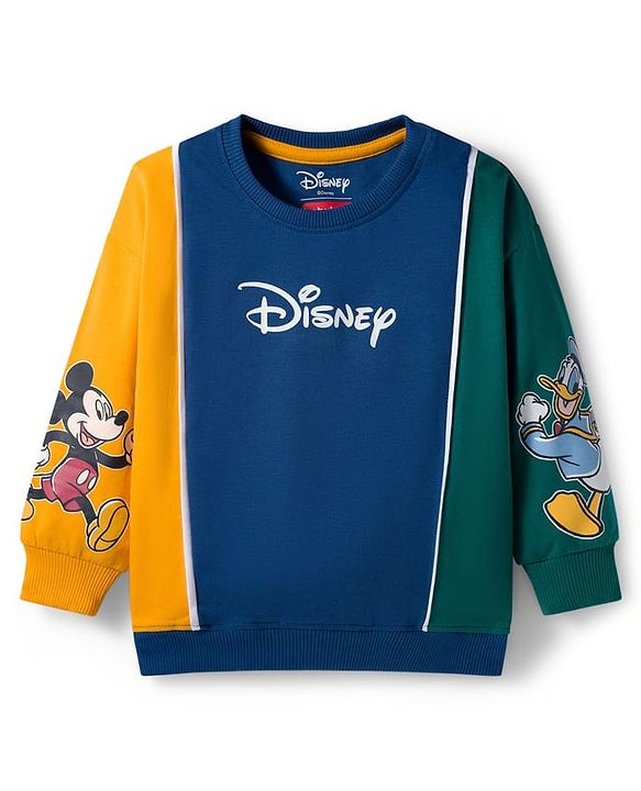 Babyhug Disney Full Sleeve Drop Shoulder Cut & Sew Sweatshirt & Track Pant Set with Mickey & Friends Graphic - Green Blue & Yellow