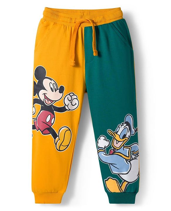 Babyhug Disney Full Sleeve Drop Shoulder Cut & Sew Sweatshirt & Track Pant Set with Mickey & Friends Graphic - Green Blue & Yellow