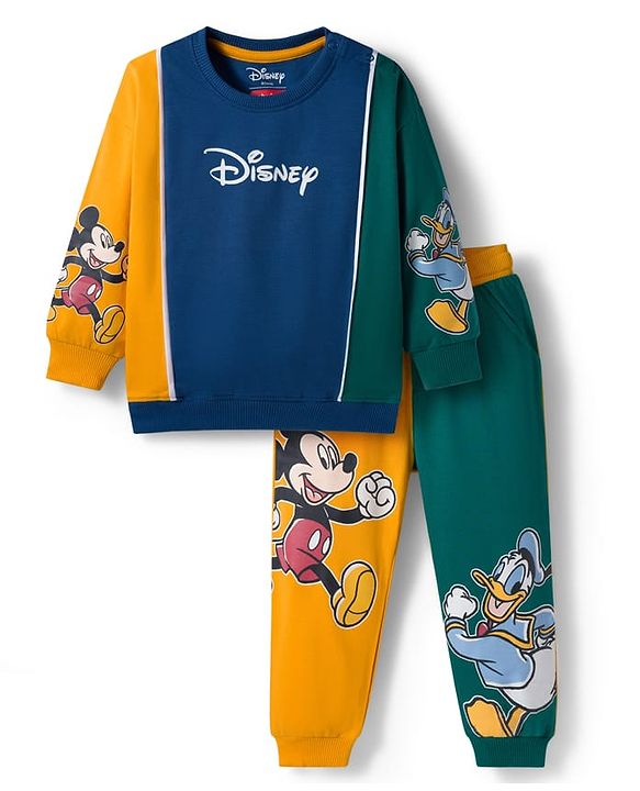 Babyhug Disney Full Sleeve Drop Shoulder Cut & Sew Sweatshirt & Track Pant Set with Mickey & Friends Graphic - Green Blue & Yellow
