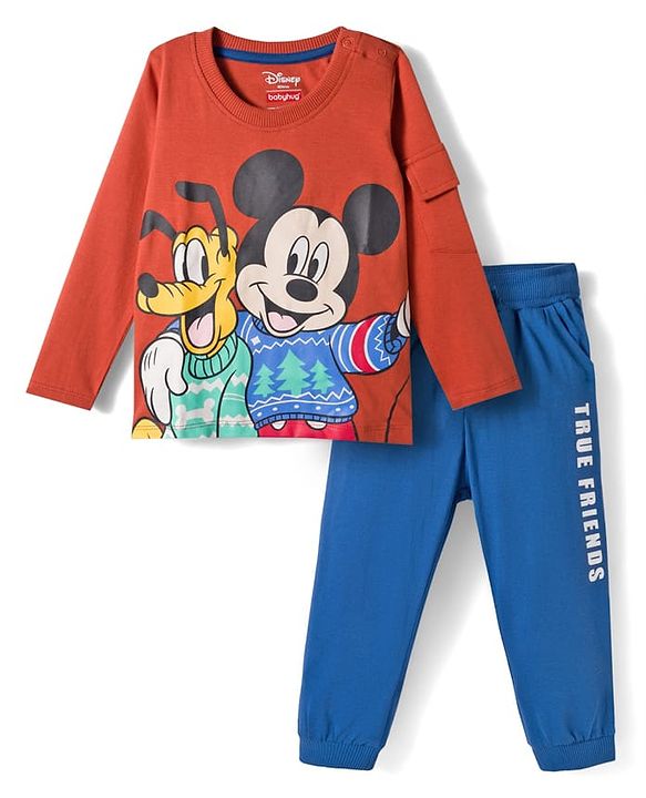 Babyhug Disney Single Jersey Terry Full Sleeve T-Shirt with Jogger Set With Mickey and Friends Graphic - Rust Orange & Blue