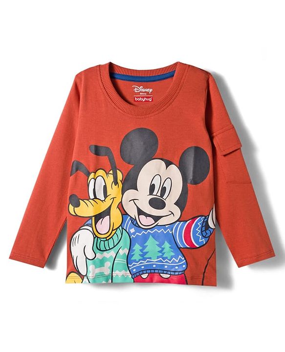 Babyhug Disney Single Jersey Terry Full Sleeve T-Shirt with Jogger Set With Mickey and Friends Graphic - Rust Orange & Blue