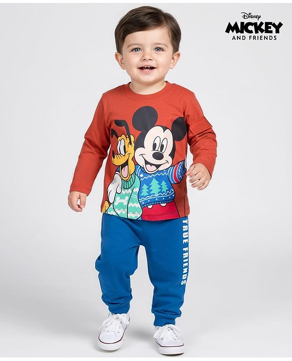 Babyhug Disney Single Jersey Terry Full Sleeve T-Shirt with Jogger Set With Mickey and Friends Graphic - Rust Orange & Blue