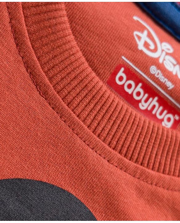 Babyhug Disney Single Jersey Terry Full Sleeve T-Shirt with Jogger Set With Mickey and Friends Graphic - Rust Orange & Blue