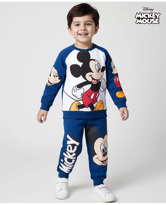 Babyhug Disney Terry Knit Raglan Full Sleeve T-Shirt with Joggers and Mickey Mouse Graphic - Navy Blue