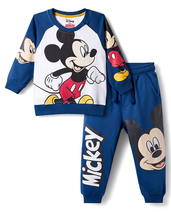 Babyhug Disney Terry Knit Raglan Full Sleeve T-Shirt with Joggers and Mickey Mouse Graphic - Navy Blue