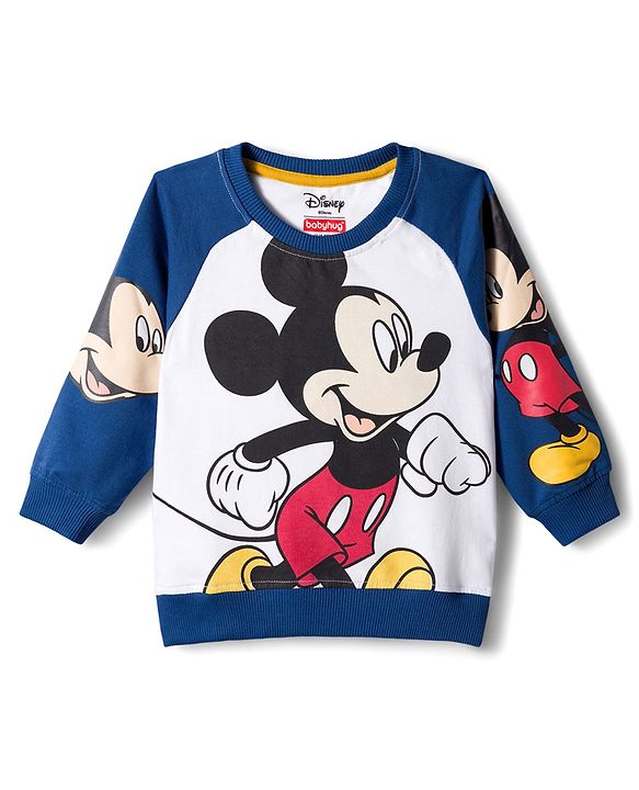 Babyhug Disney Terry Knit Raglan Full Sleeve T-Shirt with Joggers and Mickey Mouse Graphic - Navy Blue