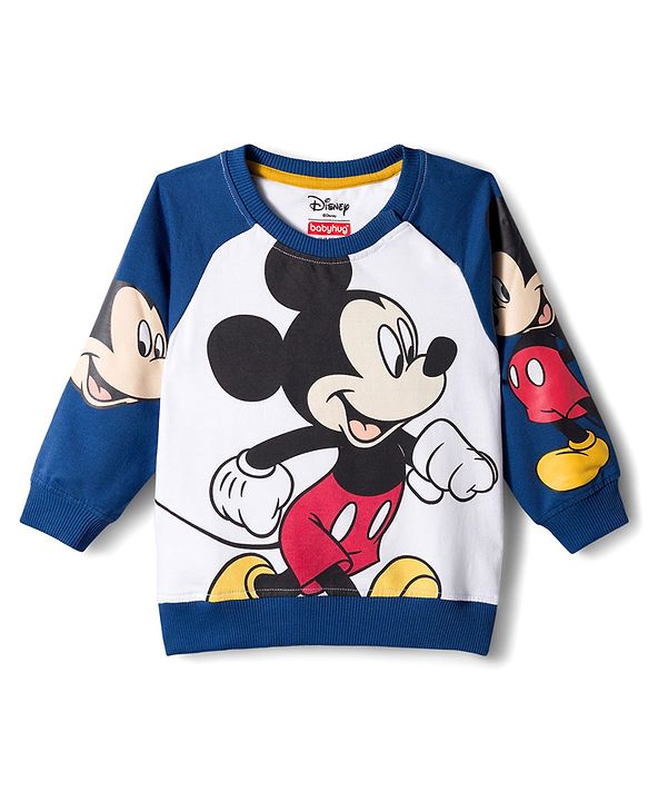 Babyhug Disney Terry Knit Raglan Full Sleeve T-Shirt with Joggers and Mickey Mouse Graphic - Navy Blue