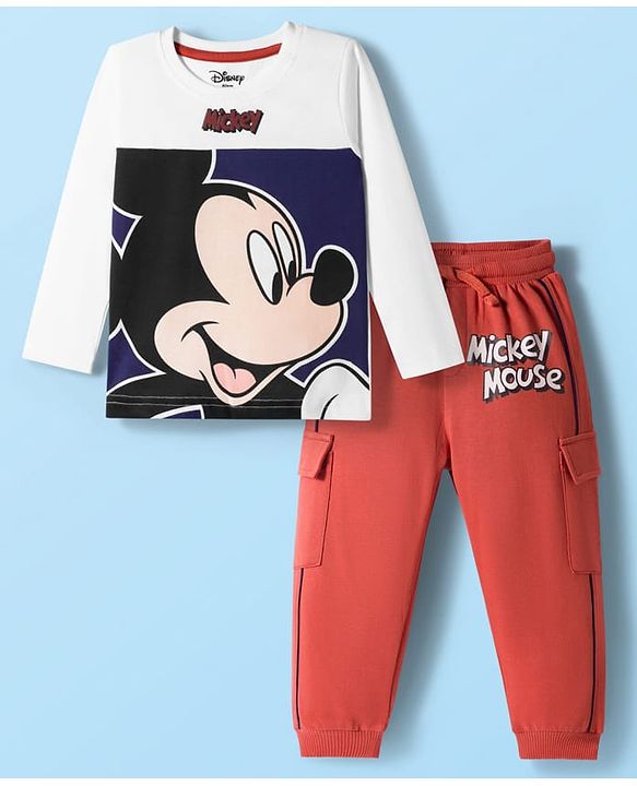 Babyhug Disney Single Jersey Knit Full Sleeves Cut & Sew T-Shirt & Lounge Pant Set with Mickey Mouse Graphics - Multicolor