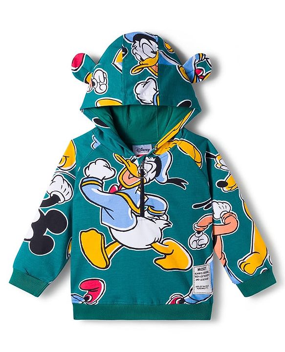 Babyhug Disney Terry Knit Full Sleeve Hooded T-Shirt and Jogger Set with Mickey & Friends and Ear Detailing - Dark Green