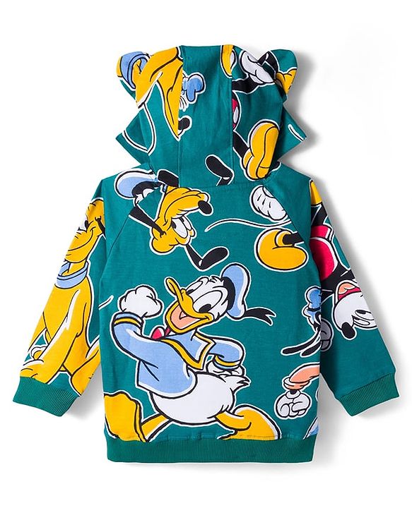 Babyhug Disney Terry Knit Full Sleeve Hooded T-Shirt and Jogger Set with Mickey & Friends and Ear Detailing - Dark Green