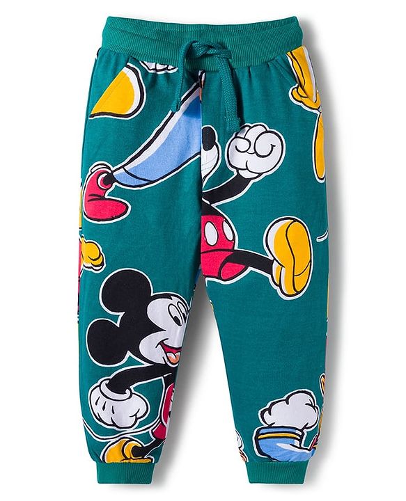 Babyhug Disney Terry Knit Full Sleeve Hooded T-Shirt and Jogger Set with Mickey & Friends and Ear Detailing - Dark Green