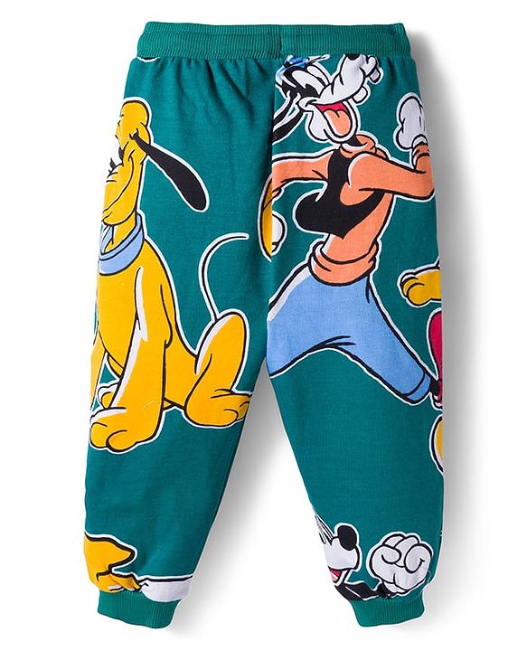 Babyhug Disney Terry Knit Full Sleeve Hooded T-Shirt and Jogger Set with Mickey & Friends and Ear Detailing - Dark Green