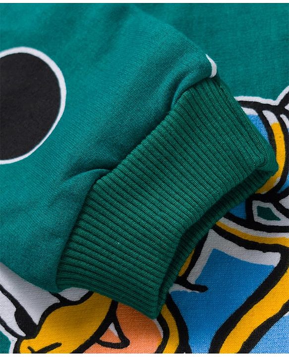 Babyhug Disney Terry Knit Full Sleeve Hooded T-Shirt and Jogger Set with Mickey & Friends and Ear Detailing - Dark Green