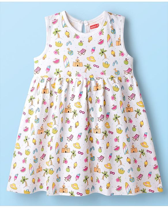 Babyhug Single Jersey Knit Sleeveless Beach Theme & Polka Dot Printed Frocks Pack of 3 - Yellow Pink & White