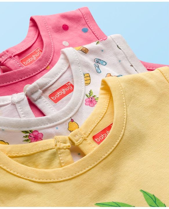 Babyhug Single Jersey Knit Sleeveless Beach Theme & Polka Dot Printed Frocks Pack of 3 - Yellow Pink & White