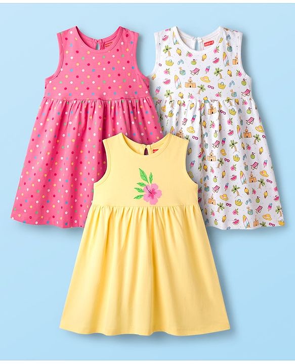 Babyhug Single Jersey Knit Sleeveless Beach Theme & Polka Dot Printed Frocks Pack of 3 - Yellow Pink & White
