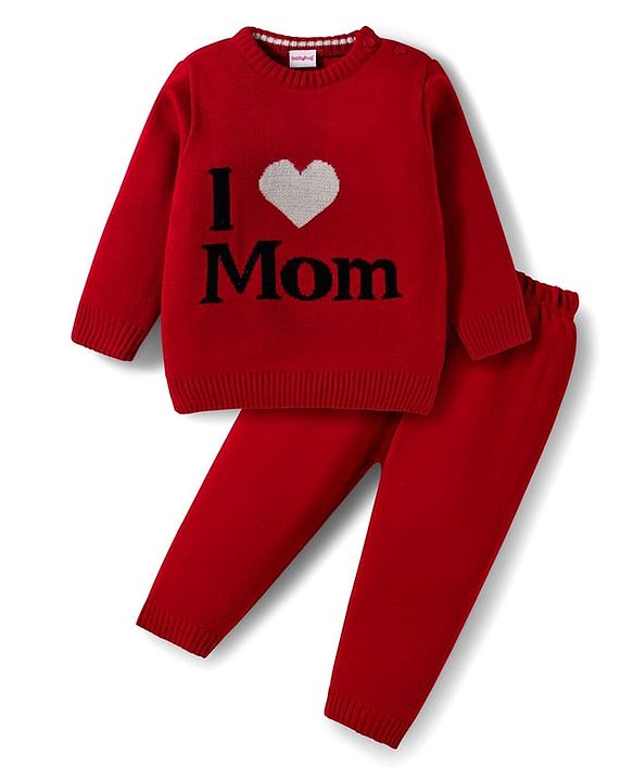 Babyhug Knit Full Sleeves Sweater Set with I love Mom Text Print - Red
