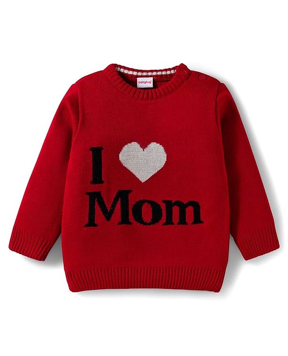 Babyhug Knit Full Sleeves Sweater Set with I love Mom Text Print - Red