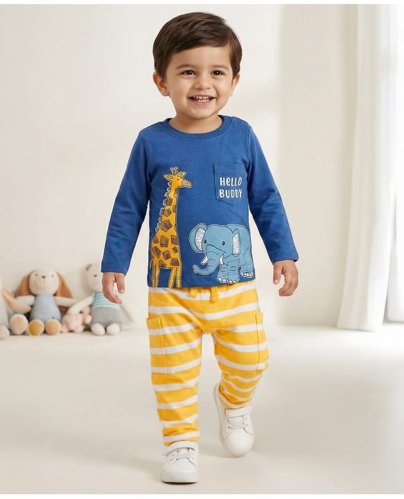 Babyhug Single Jersey Knit Full Sleeves T-Shirt & Lounge Pant Set With Animal Print - Yellow & Blue