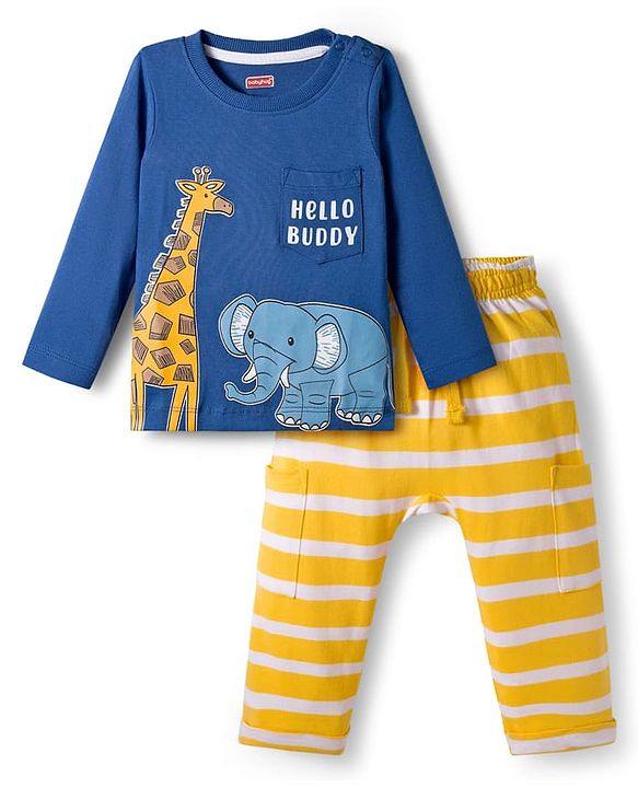 Babyhug Single Jersey Knit Full Sleeves T-Shirt & Lounge Pant Set With Animal Print - Yellow & Blue