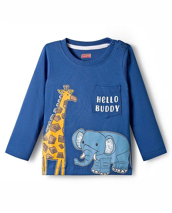 Babyhug Single Jersey Knit Full Sleeves T-Shirt & Lounge Pant Set With Animal Print - Yellow & Blue