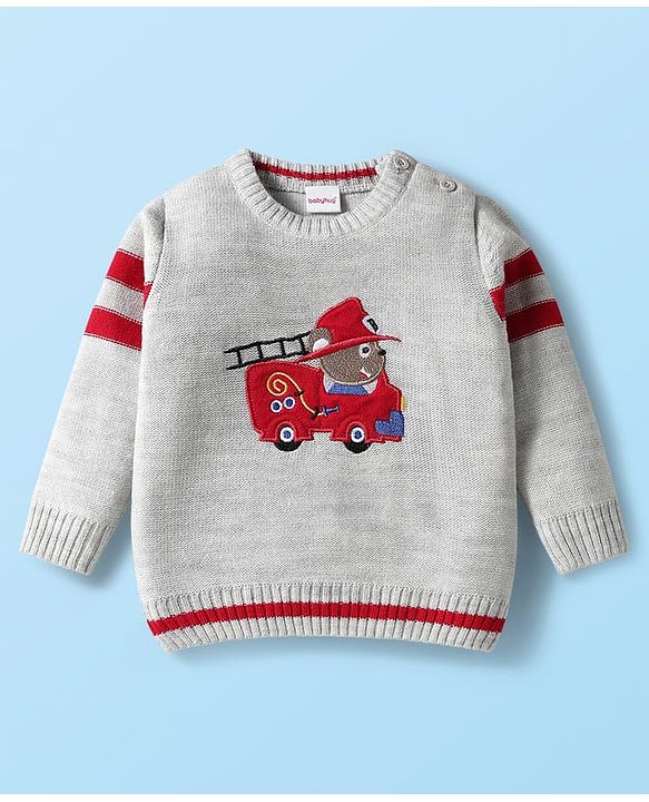 Babyhug Knit Full Raglan Sleeves Pullover Sweater Set with Patch Detailing - Red & Grey