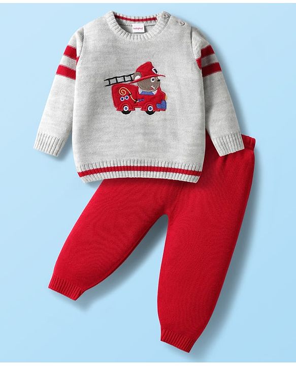 Babyhug Knit Full Raglan Sleeves Pullover Sweater Set with Patch Detailing - Red & Grey