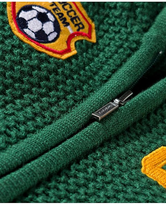 Babyhug Knit Full Sleeves Hooded Front Open Sweater with Patch Detailing & Kangaroo Pocket - Green