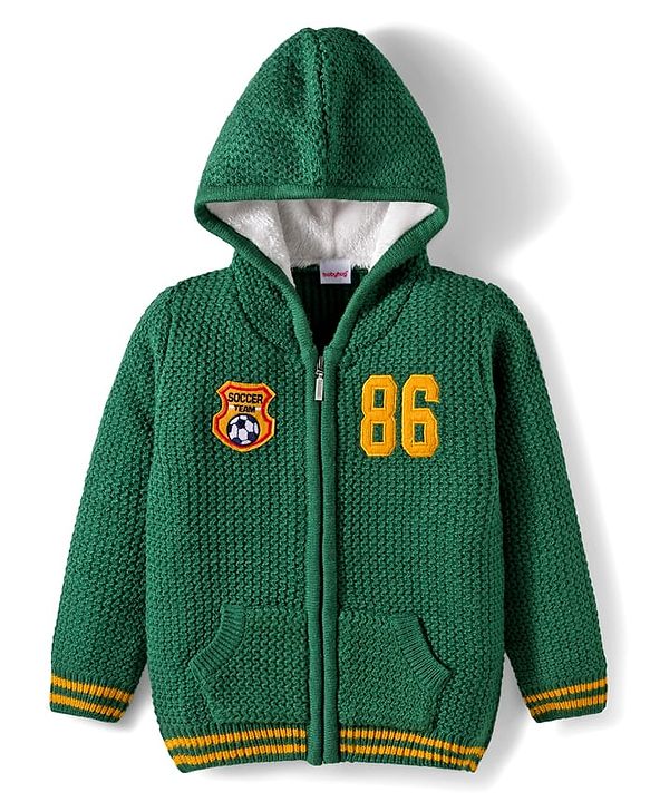 Babyhug Knit Full Sleeves Hooded Front Open Sweater with Patch Detailing & Kangaroo Pocket - Green