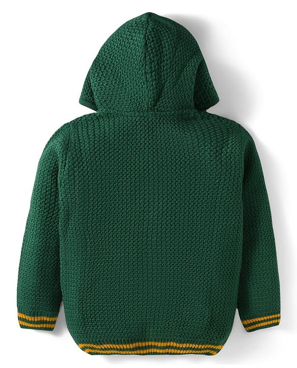 Babyhug Knit Full Sleeves Hooded Front Open Sweater with Patch Detailing & Kangaroo Pocket - Green