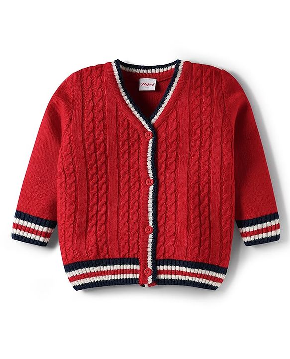 Babyhug Knitted Full Sleeves Front Open Sweater With Cable Knit Design - Red