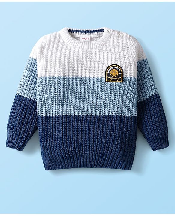 Babyhug Knit Full Sleeves Pullover Sweater with Cable Knit Design & Patch Detailing - Navy Blue & White