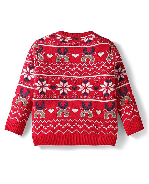Babyhug Knit Full Sleeves Pullover Sweater with Aztec Design - Red