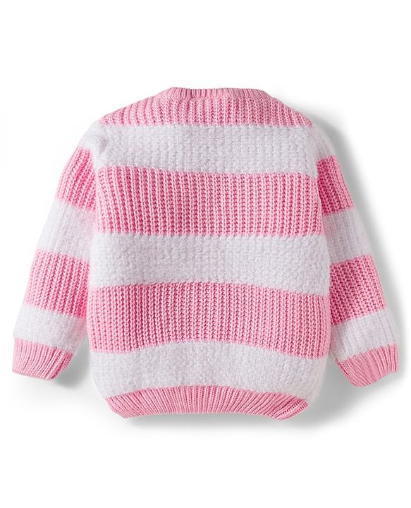 Babyhug Knit Full Sleeves Striped Pullover Sweater with Bow Applique - Pink & White