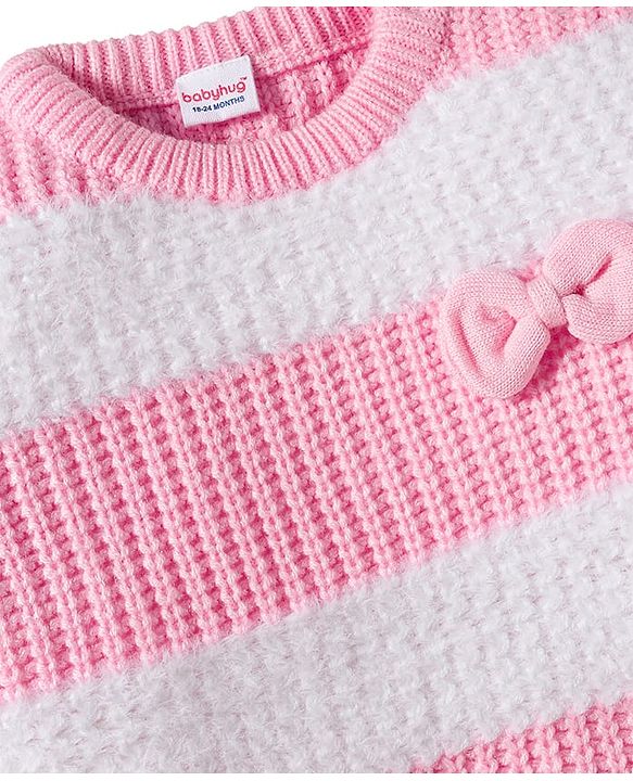 Babyhug Knit Full Sleeves Striped Pullover Sweater with Bow Applique - Pink & White