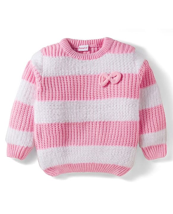 Babyhug Knit Full Sleeves Striped Pullover Sweater with Bow Applique - Pink & White