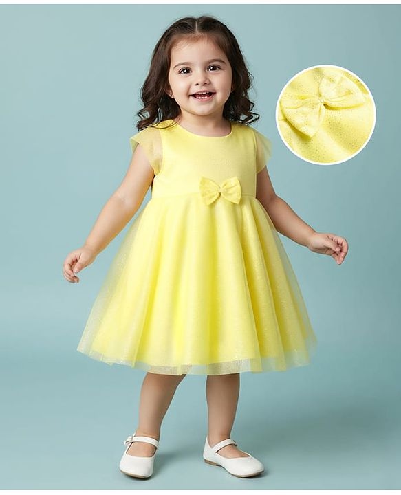 Babyhug Mesh Sleeveless Solid Party Dress With Bow Applique - Yellow