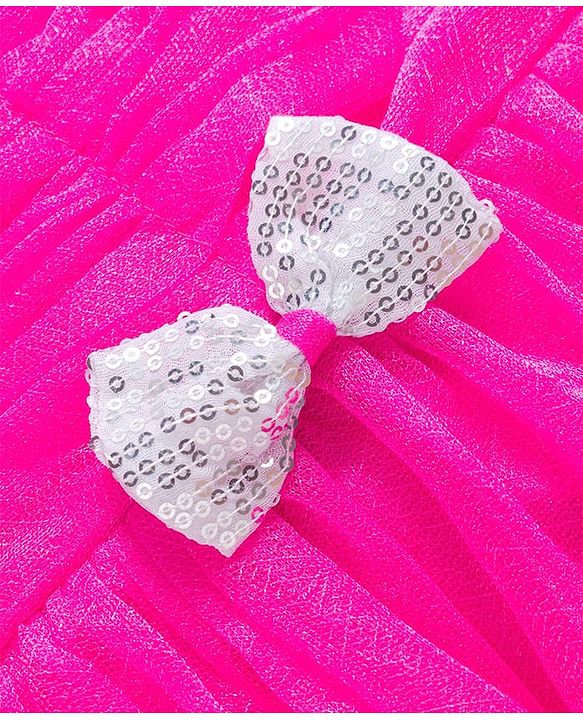 Babyhug Mesh Half Sleeves Solid Party Dress With Sequins Bow Applique - Fuchsia