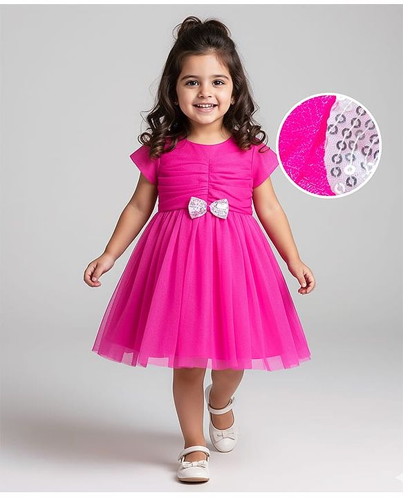 Babyhug Mesh Half Sleeves Solid Party Dress With Sequins Bow Applique - Fuchsia