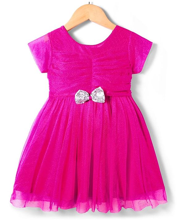 Babyhug Mesh Half Sleeves Solid Party Dress With Sequins Bow Applique - Fuchsia