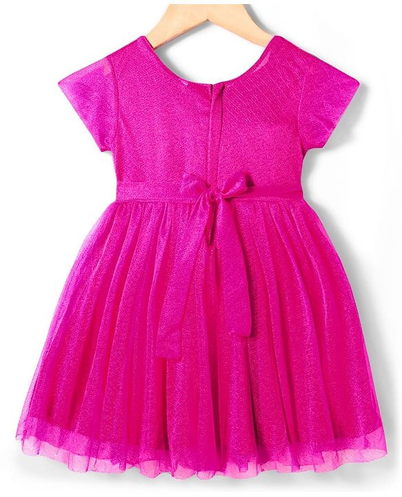 Babyhug Mesh Half Sleeves Solid Party Dress With Sequins Bow Applique - Fuchsia