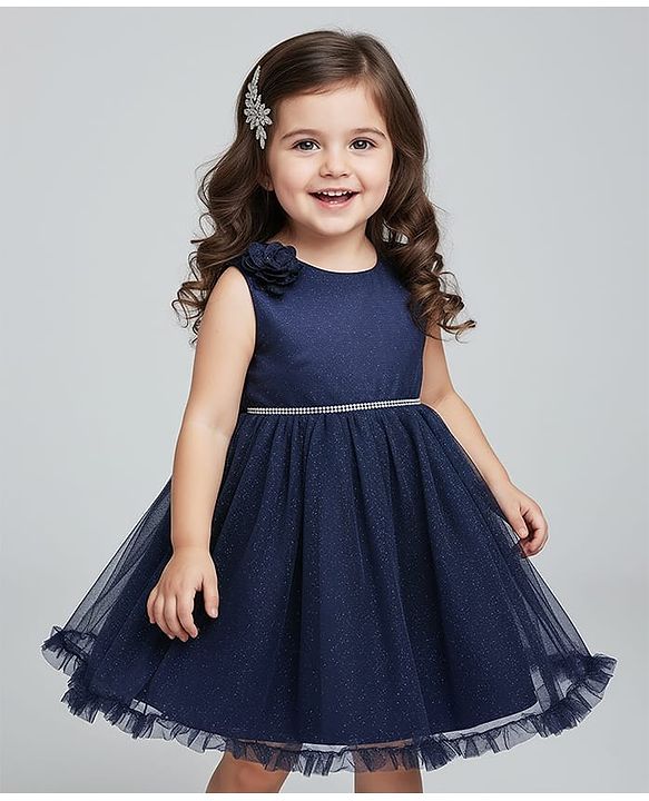 Babyhug Woven Sleeveless Mesh Party Dress with Glitter Print - Navy Blue