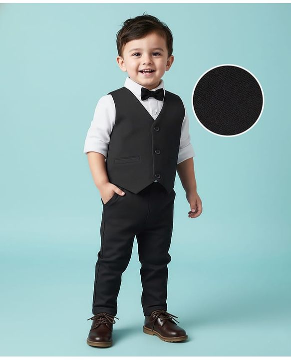 Babyhug Knit Full Sleeves Solid Three Piece Party Suit with Bow - Black