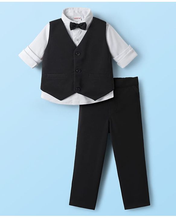 Babyhug Knit Full Sleeves Solid Three Piece Party Suit with Bow - Black